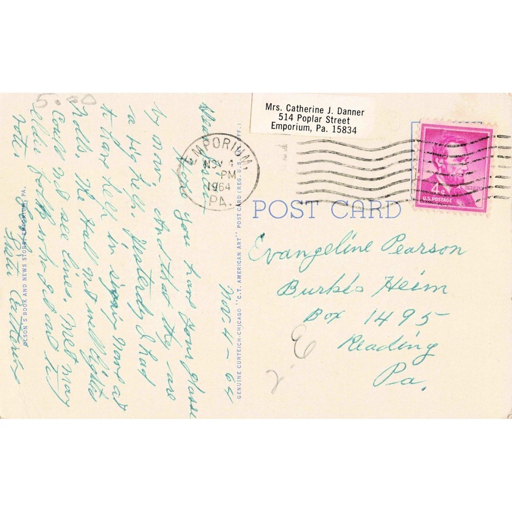 Vintage Sylvania Club Emporium PA Postcard 1964 Postmark 4c Lincoln Stamp - Picture 2 of 2